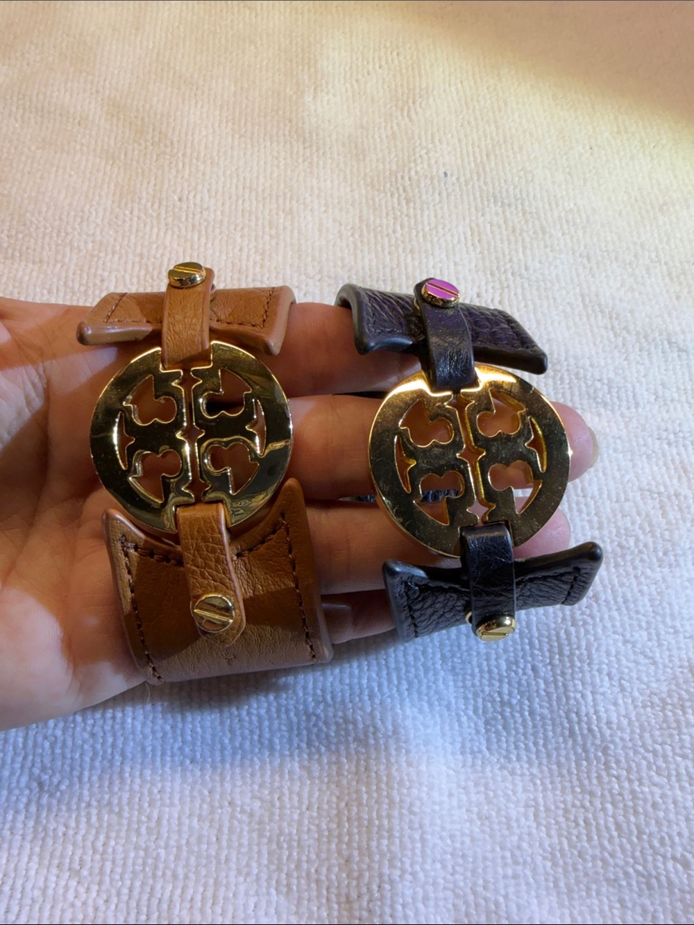 Tory Burch Double-T Leather Cuff Bracelet in Brown and Black